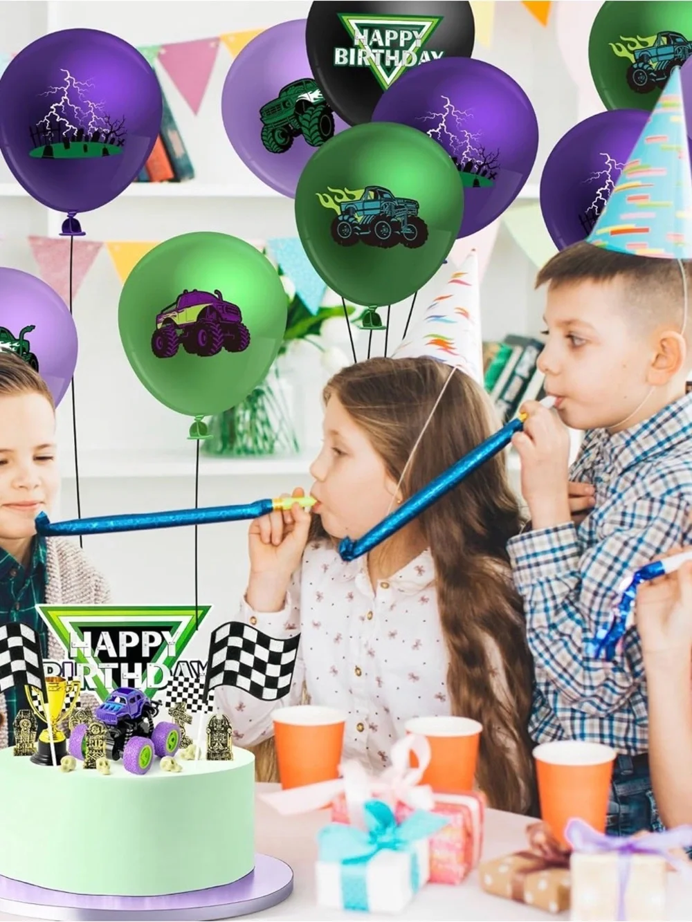 40~Green & Purple Monster Truck Cake Decoration Racing Car Dessert Cupcake Top